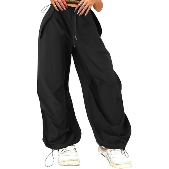 Parachute Pants Drawstring Elastic Waist Loose Baggy Y2K Pants Trousers … - Picture 2 of 10